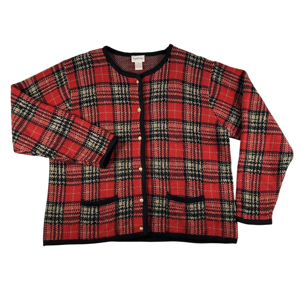 Crystal Kobe Cardigan Sweater Womens XL Red Plaid Knit Pockets Button Front